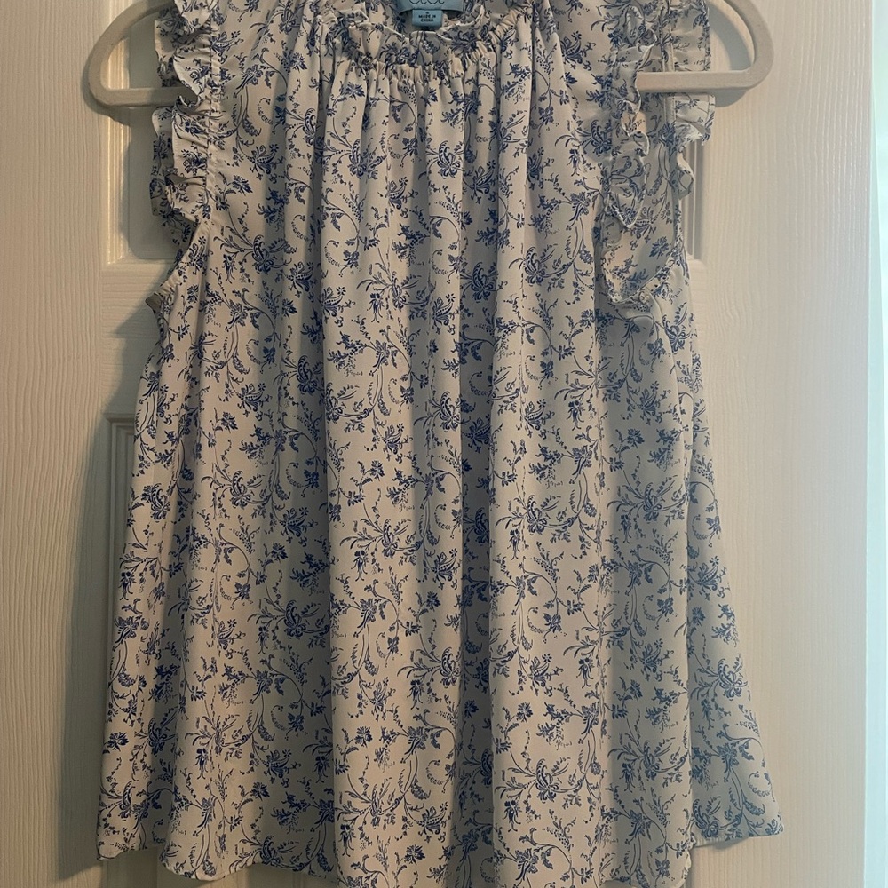CeCe Blue Floral Ruffle Blouse